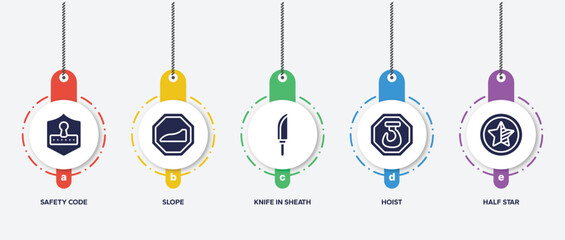 infographic element template with color circles rating filled icons such as safety code, slope, knife in sheath, hoist, half star vector.
