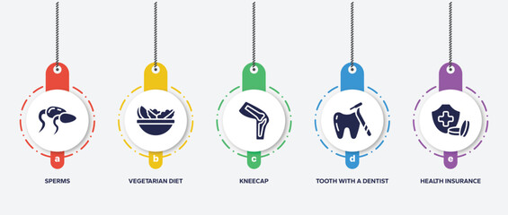 infographic element template with medicine and health filled icons such as sperms, vegetarian diet, kneecap, tooth with a dentist tool, health insurance or hospital costs vector.