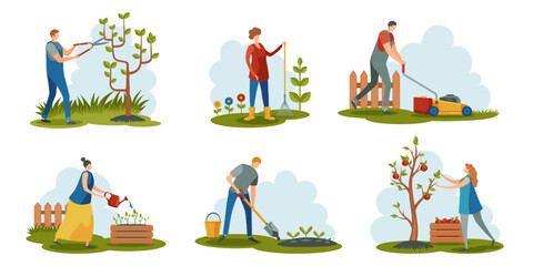 People gardening. Cartoon characters working with farmer tools cultivating plants, agriculture workers landscaping garden flat style. Vector colorful set © Tartila