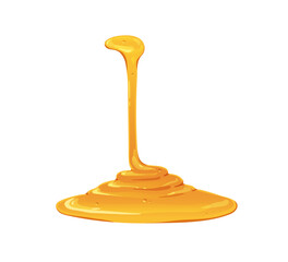 Honey trickle, thin stream pouring into yellow liquid syrup puddle. Maple, caramel sauce falling, flowing, running down in gold fluid. Flat graphic vector illustration isolated on white background