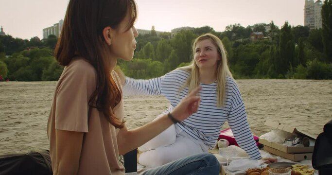 Friends Have Picnic At The Beach. Medium shot