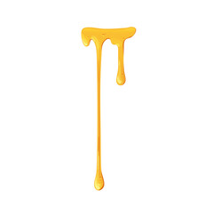 Caramel melting, dripping down with thin sugar streams. Maple liquid syrup leaking. Amber gold bee honey fluid flowing, drops, trickles. Flat graphic vector illustration isolated on white background - obrazy, fototapety, plakaty