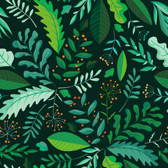 Green herbs seamless pattern. Leaves, wildflowers and berries. Vector illustration with different plants and branches on dark green background.