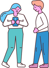Cartoon hand drawn line art people using phone