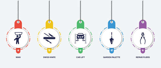 infographic element template with toolbox filled icons such as man, swiss knife, car lift, garden palette, repair pliers vector.