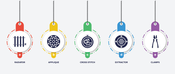 infographic element template with electrician tools filled icons such as radiator, applique, cross stitch, extractor, clamps vector.
