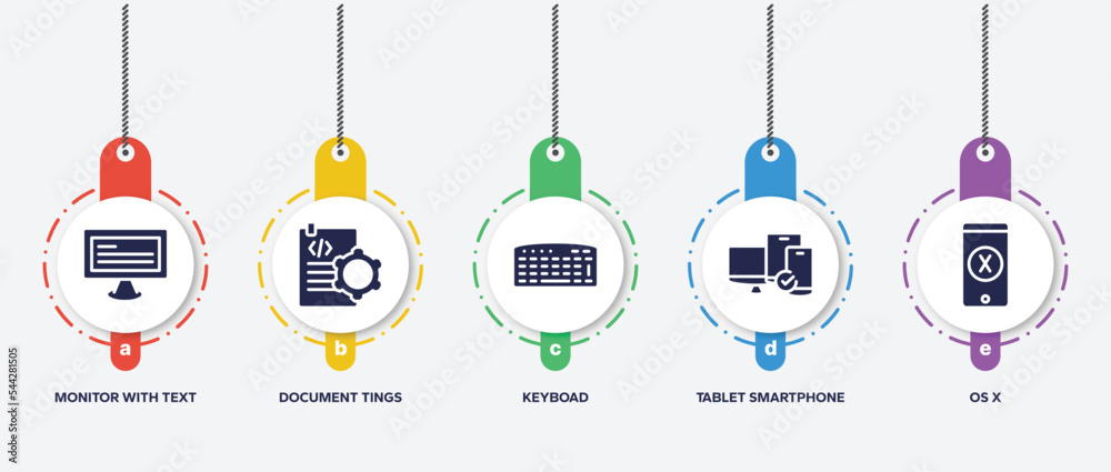 Poster infographic element template with devices filled icons such as monitor with text, document tings, ke