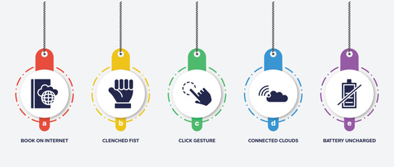 infographic element template with material devices filled icons such as book on internet cloud, clenched fist, click gesture, connected clouds by internet, battery uncharged vector.