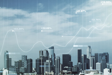 Multi exposure of abstract virtual graphic data spreadsheet sketch on Los Angeles cityscape background, analytics and analysis concept