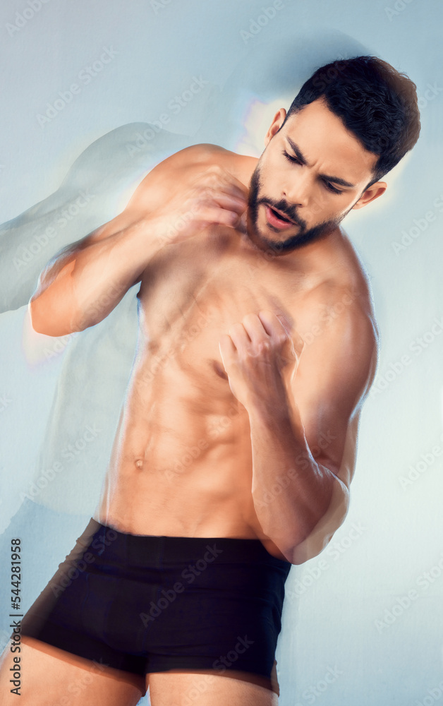 Canvas Prints body, strong and boxing with a man muscular model in studio on a gray background for health or fitne