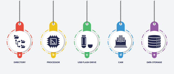 infographic element template with computer functions filled icons such as directory, processor, usb flash drive, cam, data storage vector.