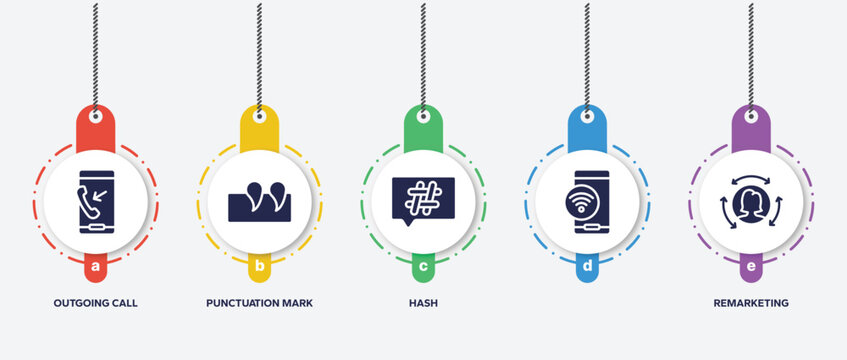 infographic element template with digital marketing and filled icons such as outgoing call, punctuation mark, hash, , remarketing vector.