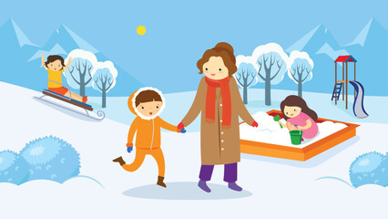 Fototapeta premium Mom with a child on the playground in winter