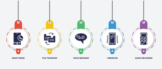 infographic element template with news filled icons such as night mode, file transfer, voice message, vibration, audio recorder vector.