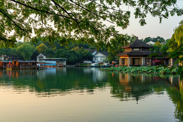 Fototapeta na wymiar Hangzhou West Lake Chinese garden scenery at sunset