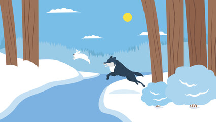 The wolf jumps after the hare across the river in the forest in winter