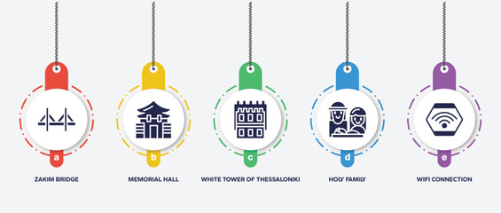 infographic element template with restaurant elements filled icons such as zakim bridge, memorial hall, white tower of thessaloniki, holy family, wifi connection vector.