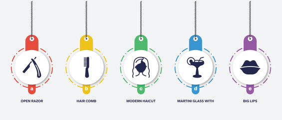 infographic element template with beautiful filled icons such as open razor, hair comb, modern haicut, martini glass with straw, big lips vector.