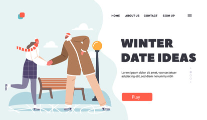 Winter Date Ideas Landing Page Template. Happy Couple Skate at City Ice Rink, Outdoor Activities at Winter Park