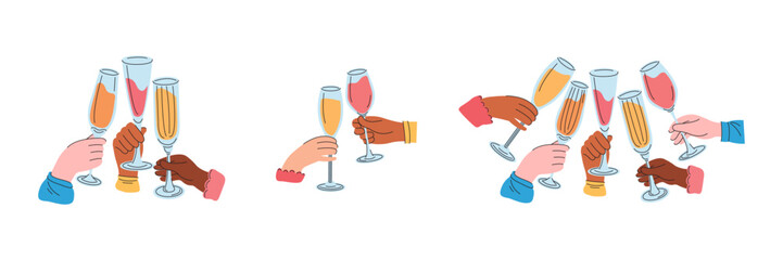 Hands of friends holding glasses with drinks full of champagne. Cheers or drinking toast to friendship. People of different nationalities drink sparkling wine. Collection vector flat illustration. - obrazy, fototapety, plakaty