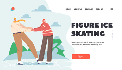 Figure Ice Skating Landing Page Template. Christmas Vacation Spare Time. Happy Loving Couple in Warm Clothes on Holidays