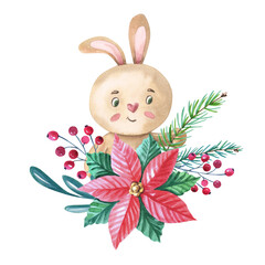 Winter bunny with red poinsettia flower,leaves,berries,pine,spruce,green twigs on white background. Christmas illustration. New Year greeting card. Watercolor for kids.