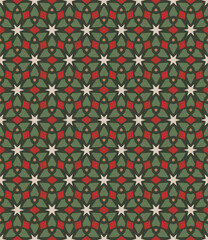 Seamless geometric pattern in red, green and beige. Christmas digital paper in repeat. Wrapping paper pattern for Christmas holiday giftware.