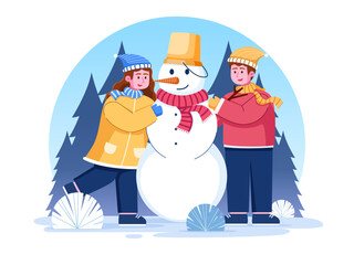 Happy boy and girl making a snowman together.
Children make a snowman.
Kids playing with snowman illustration.
Suitable for background, landing page, web, animation, greeting card, postcard, etc