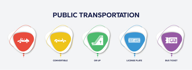 infographic element template with public transportation filled icons such as , convertible, or up, license plate, bus ticket vector.