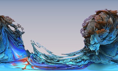 Fictional digital 3d artwork of fairy oceanic landscape, fossil with ancient shells and relief or glacier. Blue frozen wave. Psychedelic abstraction great as background, blank for developing artwork. - 544284591