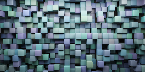 3D rendering wallpaper background of green and blue shuffled cubes