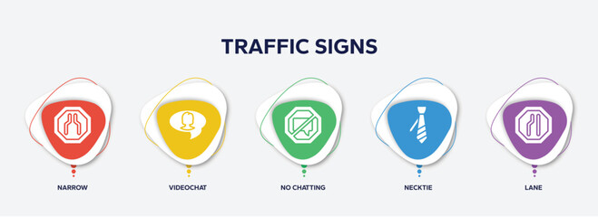 infographic element template with traffic signs filled icons such as narrow, videochat, no chatting, necktie, lane vector.