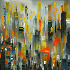 Abstract Cityscape Digital Painting Style Art, Colorful Brush Stroke City View Illustration