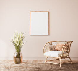 Poster frame mockup in farmhouse room design, wooden and rattan furniture in beige living room, 3d render 