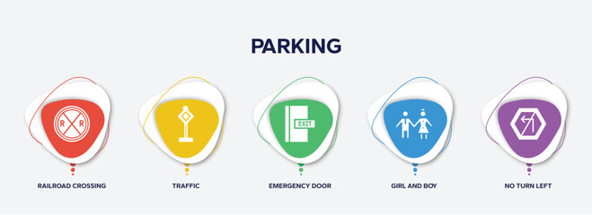 infographic element template with parking filled icons such as railroad crossing, traffic, emergency door, girl and boy, no turn left vector.