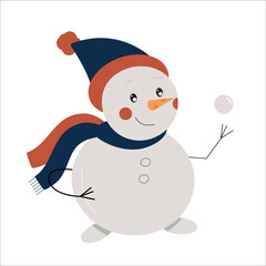 Christmas Snowman with hat and scarf isolated.The image of cute funny snowman in cartoon style.Flat design.Good for cards, banners, web, happy, etc.New year illustration