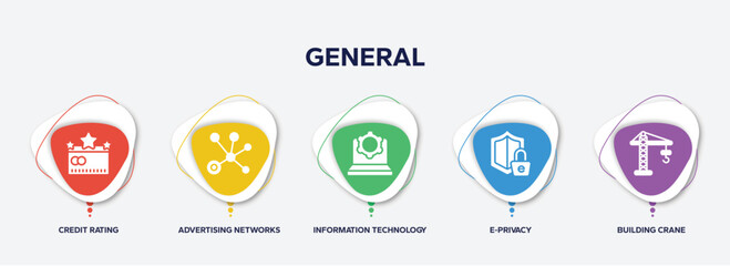 infographic element template with general filled icons such as credit rating, advertising networks, information technology, e-privacy, building crane vector.