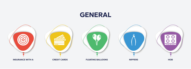 infographic element template with general filled icons such as insurance with a button, credit cards, floating balloons, nippers, hob vector.