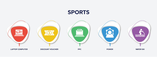 infographic element template with sports filled icons such as laptop computer, discount voucher, ppc, power, water ski vector.