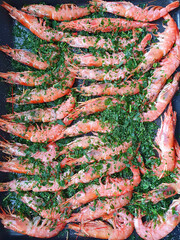 Whole baked red prawns on a baking sheet with herbs. View from above