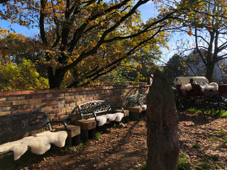 Autumn benches with sheep fur 