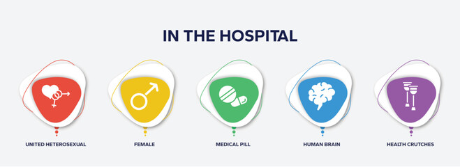 infographic element template with in the hospital filled icons such as united heterosexual, female, medical pill, human brain, health crutches vector.