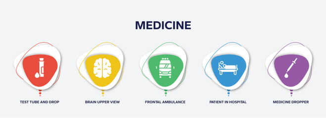 infographic element template with medicine filled icons such as test tube and drop, brain upper view, frontal ambulance, patient in hospital bed, medicine dropper vector.