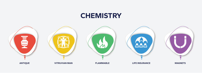 infographic element template with chemistry filled icons such as antique, vitruvian man, flammable, life insurance, magnets vector.