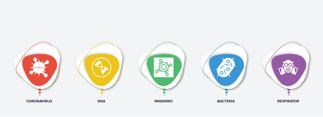 infographic element template with filled icons such as coronavirus, dna, pandemic, bacteria, respirator vector.