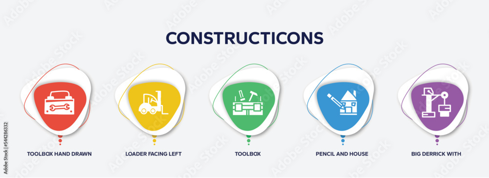 Wall mural infographic element template with constructicons filled icons such as toolbox hand drawn tool, loader facing left, toolbox, pencil and house draw, big derrick with boxes vector.