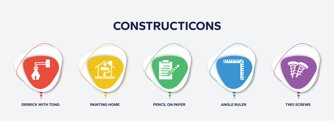 Fototapeta premium infographic element template with constructicons filled icons such as derrick with tong, painting home, pencil on paper sheet, angle ruler, two screws vector.