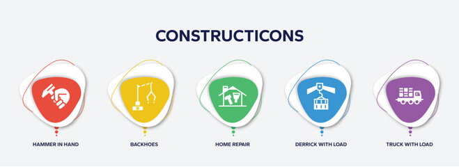 infographic element template with constructicons filled icons such as hammer in hand, backhoes, home repair, derrick with load, truck with load vector.