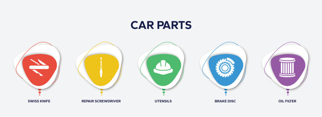 infographic element template with car parts filled icons such as swiss knife, repair screwdriver, utensils, brake disc, oil filter vector.