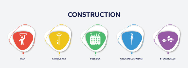 infographic element template with construction filled icons such as man, antique key, fuse box, adjustable spanner, steamroller vector.